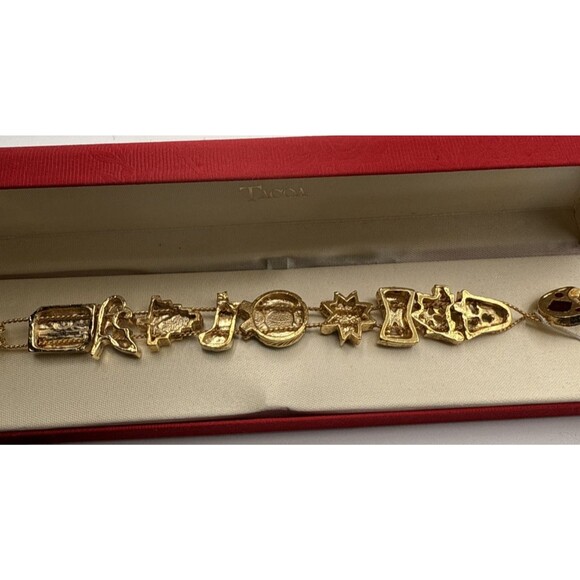 Tacoa Christmas Charm Bracelet 7.5" Gold Tone Boxed Holiday Jewelry Gift - Picture 14 of 15